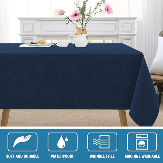 H.VERSAILTEX Linen Textured Tablecloth 60 x 60 Waterproof Decorative Table Cloth Spill-Proof Linen Look Cover for Party Table Extra Soft and Thick Fabric Wrinkle Free, Heather Navy