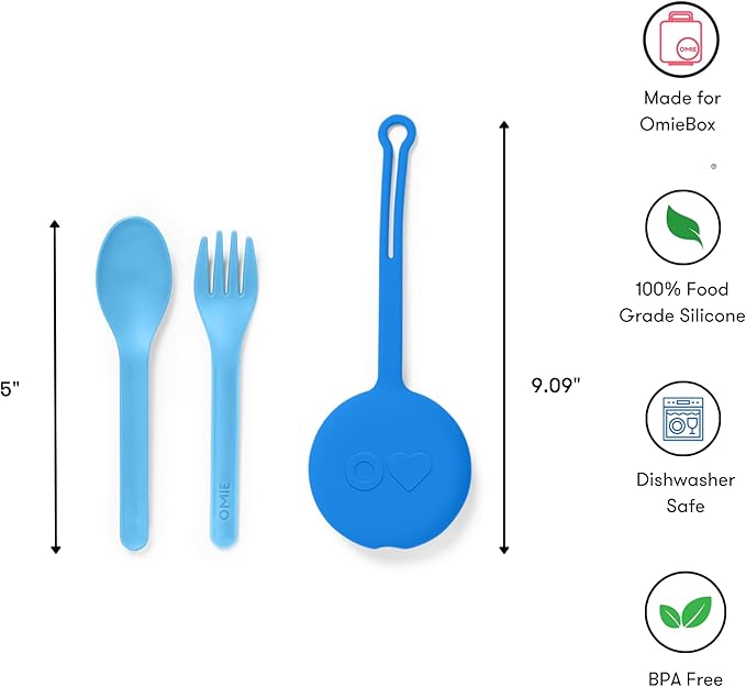 Omie OmieBox Kids Utensils Set with Case - 2 Piece Plastic, Reusable Fork and Spoon Silverware with Pod for Kids (Blue)