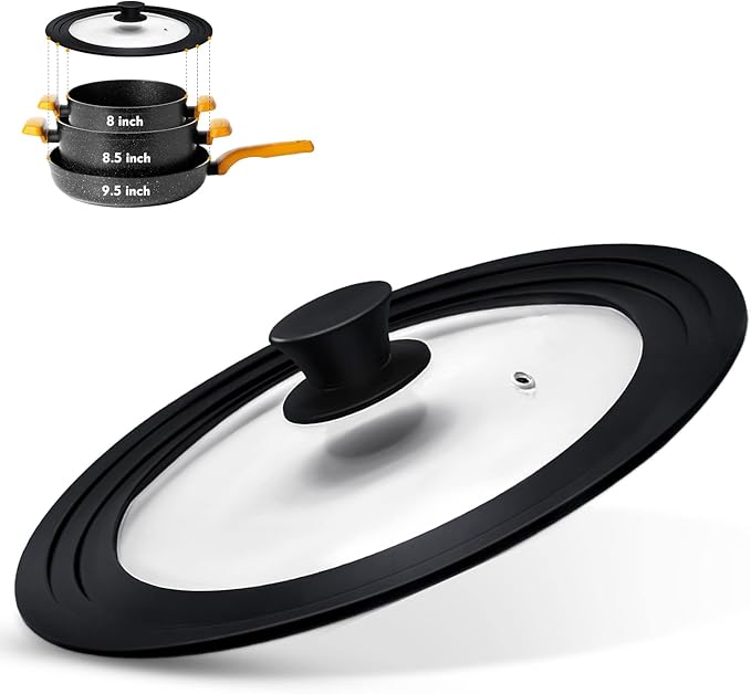 Universal Lid for Pots, Pans and Skillets, Pot Lid With Heat Resistant Silicone Rim and Tempered Glass, Fits 8", 8.5", 9.5" Diameter Pots and Pans