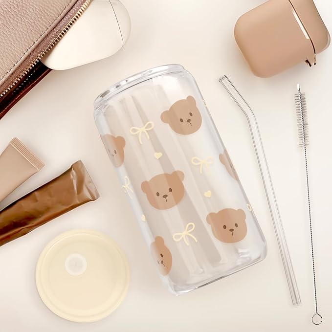 Bear Glass Can, Iced Coffee Aesthetic Cup, Gift for Christmas Birthday, Gifts for Women Girls, 16oz