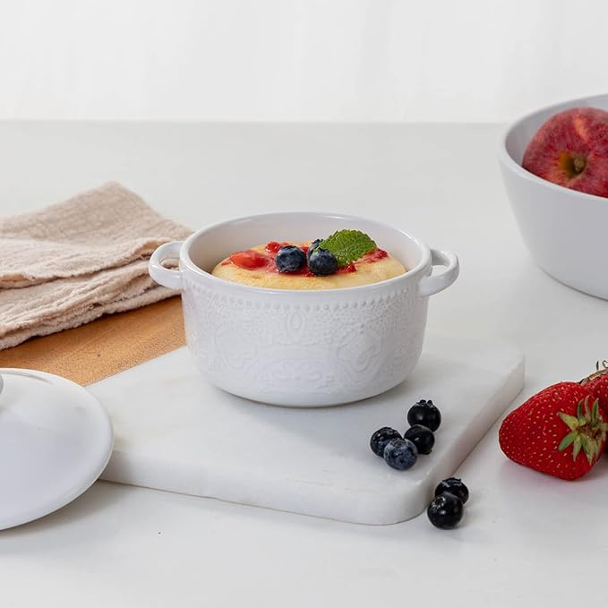 Mini Cocotte Set, 10 OZ Small Casserole Dishes with Lids, Ceramic Kitchen Casserole Sets With Handles, French Onion Soup Bowls, Soup Crocks for French Onion, Desserts, Beef Stew, Cereal, Pot Pies, Set of 4 (White)