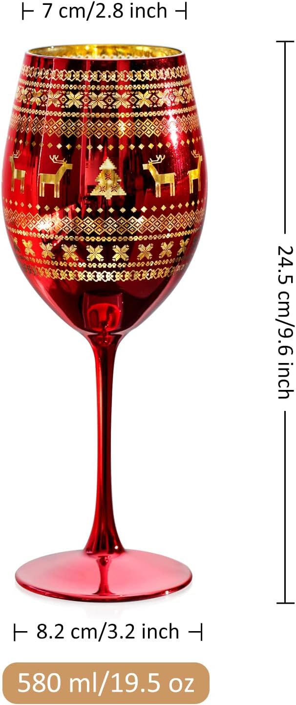 Joeyan Christmas Wine Glasses with Stem, 19.5 oz Large Burgundy Wine Glasses, Red Handmade Wine Glass Tumblers, Xmas Tree Elk and Snowflake Patterned, Set of 2, Great for Christmas and Gifts