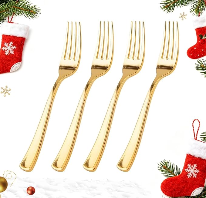 WDF 100 Pcs Gold Plastic Forks Heavy Duty - BPA-FREE, Sturdy&Durable Forks Disposable 7.4inch - Elegant Gold Forks for Dessert, Durable Plastic Cutlery for Thanksgiving Party, Wedding or Daily Using