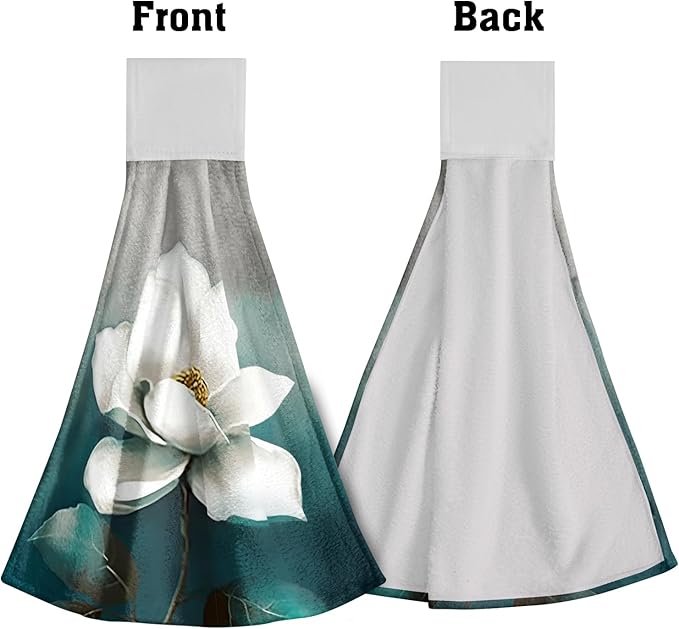 Giwawa White Floral Hanging Kitchen Towels 2 Pieces Turquoise Leaf Tie Towels Hand Towel Soft Absorbent WashCloth for Bathroom Tabletop Laundry