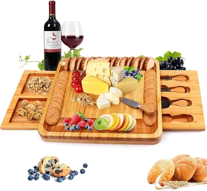 Bamboo Cheese Board with Cheese Tools, Cheese Plate Charcuterie Board Platter Set Serving Tray for Wine Cracker Brie and Meat, Large Thick Wooden Server, Fancy House Warming Gift for Gourmets