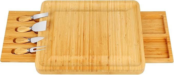 Bamboo Cheese Board with Cheese Tools, Cheese Plate Charcuterie Board Platter Set Serving Tray for Wine Cracker Brie and Meat, Large Thick Wooden Server, Fancy House Warming Gift for Gourmets