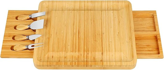 Bamboo Cheese Board with Cheese Tools, Cheese Plate Charcuterie Board Platter Set Serving Tray for Wine Cracker Brie and Meat, Large Thick Wooden Server, Fancy House Warming Gift for Gourmets