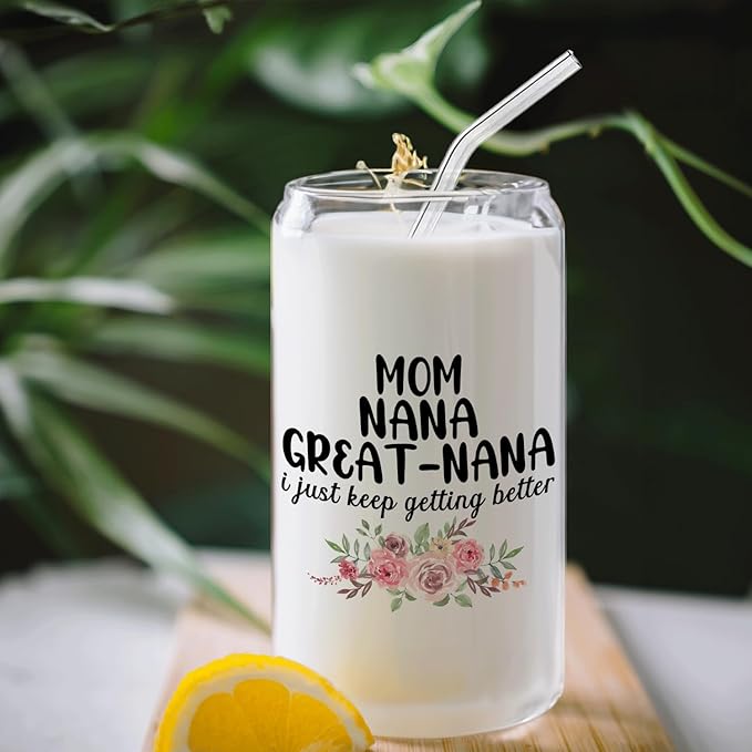 Christmas Grandmother Gifts For Mom Nana Great Nana Glass Coffee Cup With Lid And Straws 14oz - christmas Glass Cup gifts For Grandma