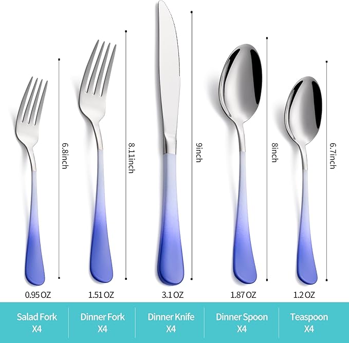 20-Piece White and Blue Silverware Set for 4, 18/0 Stainless Steel Flatware Cutlery Utensils Set, Includes Dinner Knives, Forks, Spoons, Salad Forks, Teaspoons, Dishwasher Safe