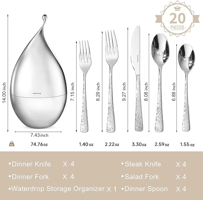 KINGSTONE Silverware Set with Waterdrop Storage Organizer, 20-Piece Flatware Cutlery Set in Gift Box, Forged Premium Stainless Steel Mirror Polished, Service for 4, Ideal for Kitchen, Party, Gift