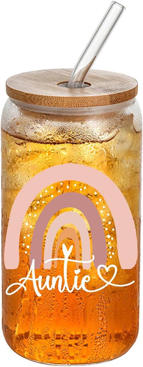 Auntie Glass Cups with Lids and Straws, 16 Oz Glasses Set, Perfect for Mothers Day, Birthday, Christmas Gifts for Mom