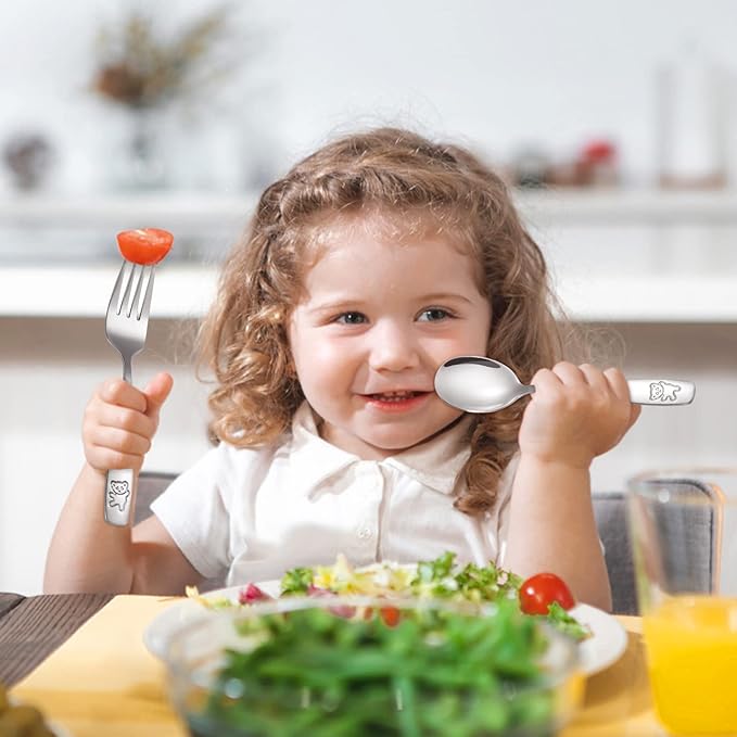 16 Pieces Toddler Utensils Kids Silverware Set, Stainless Steel Childrens Forks and Spoons, Metal Kids Safe Flatware Set, Dishwasher Safe