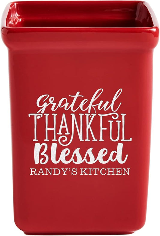 Let's Make Memories Personalized Grateful, Thankful, Blessed Stoneware - Red Utensil Holder