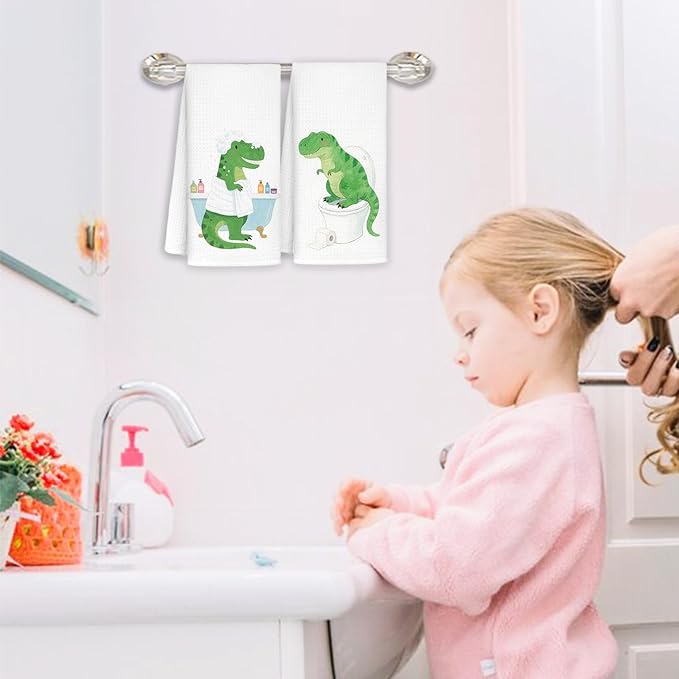 Dinosaur Bathroom Hand Towels Set of 2, Boys Kids Bathroom Decor,Funny Dinosaur Gifts for Boys Decorative Hand Towels for Kids Bath Room Toilet Washroom, 16x24 Inch