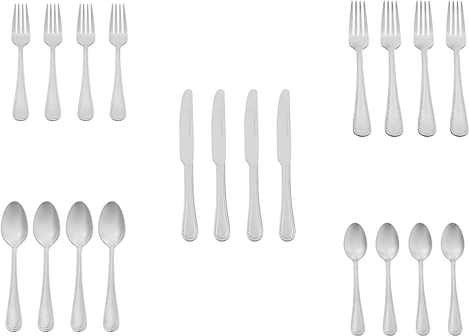 Amazon Basics Silverware Set, Stainless Steel Flatware, Dishwasher Safe, Service for 4, 20-Piece Forks and Spoons, Pearled Edge