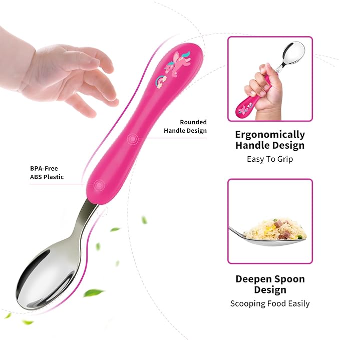 Lehoo Castle Toddler Fork and Spoon, 6pcs Kids Utensils, Safe Stainless Steel Toddler Silverware Set, Children Flatware Set, Incudes 3 Spoons and 3 Forks (Pink)