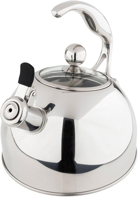 Viking 3-Ply Stainless Steel Tea Kettle, 2.6 Quart Stovetop Hot Water Pot with Tempered Glass Lid, Ergonomic Handle, Induction Ready, Mirror Finish