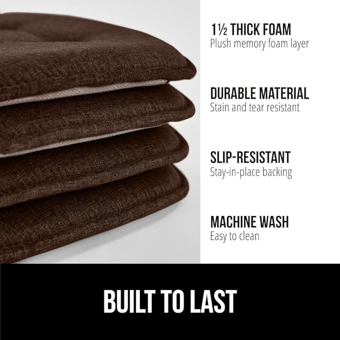 GORILLA GRIP Slip Resistant Tufted Chair Cushions, No Ties Required, Memory Foam Pads for Dining Room Kitchen Table, Office, Rocking Chairs, Plush Seat Cushion Pad, Home Decor, Set of 4, 16x17, Brown