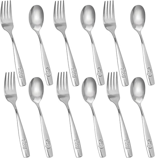 HAKSEN 12PCS Toddler Utensils, Stainless Steel Kids Silverware, Safe Toddler Forks and Spoons, Mirror Polished, Dishwasher Safe, with Bunny & Puppy Motifs, Fun Stocking Stuffers for Kids