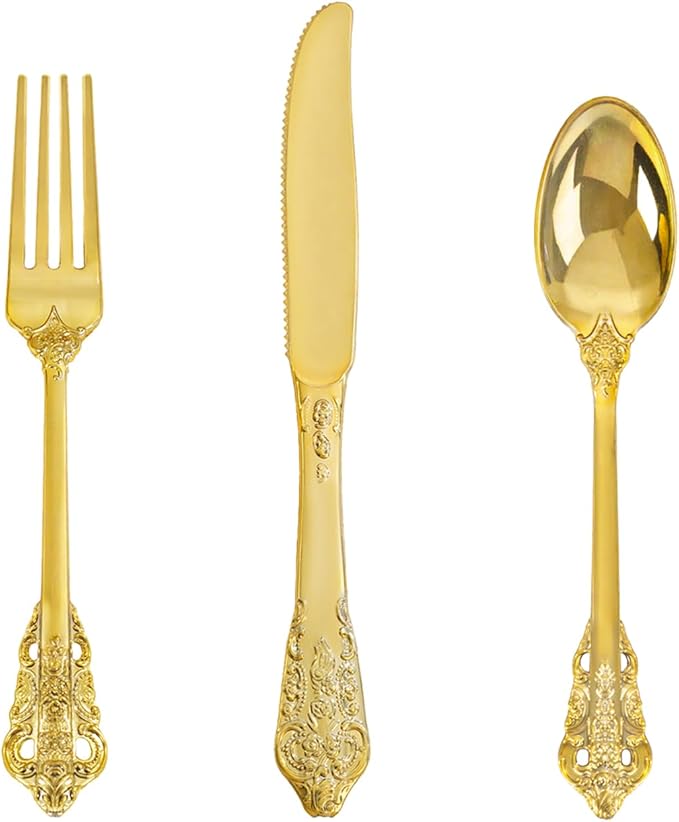 bUCLA HEAVYWEIGHT 150PCS Gold Plastic Silverware Disposable - Extra Heavy Duty Plastic Cutlery - Gold Disposable Utensils Set - Include 50 Knives, 50 Forks,50 Spoons for Party & Special Moments