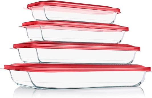 KOMUEE 8 Pieces Glass Baking Dish with Lids Rectangular Glass Baking Pan Bakeware Set with BPA Free Lids, Baking Pans for Lasagna, Leftovers, Cooking, Kitchen, Fridge-to-Oven, Red