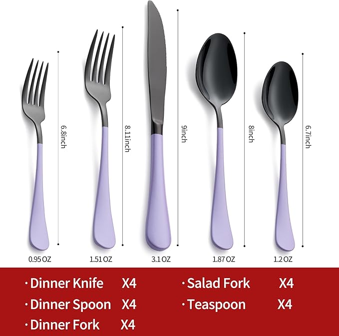 20-Pieces Purple and Black Silverware Sets for 4,Purple Handle Stainless Steel Cutlery Set, Include Forks Spoons and Knives Set, Dishwasher Safe Utensil Sets for Home Restaurant