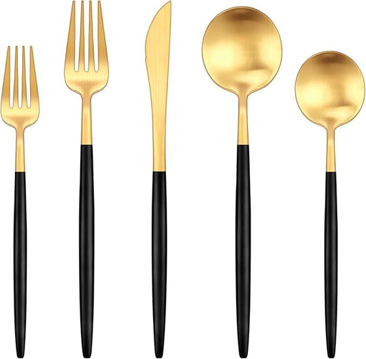 Black and Gold Silverware Set,Ollex 40 Pieces Matte Flatware Set,Colorful Handle Modern Cutlery Set with Dinner Knives Forks Spoons stainless steel Utensil set,Satin Finish&Dishwasher Safe