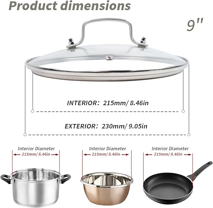 9" Tempered Glass Pan Lid with Steam Vent, Thickened to 4mm and Dishwasher Safe and Oven up to 480℉, Universal Lid Fit for Cast Iron Skillets, Frying Saute Pan, Cooking Pot