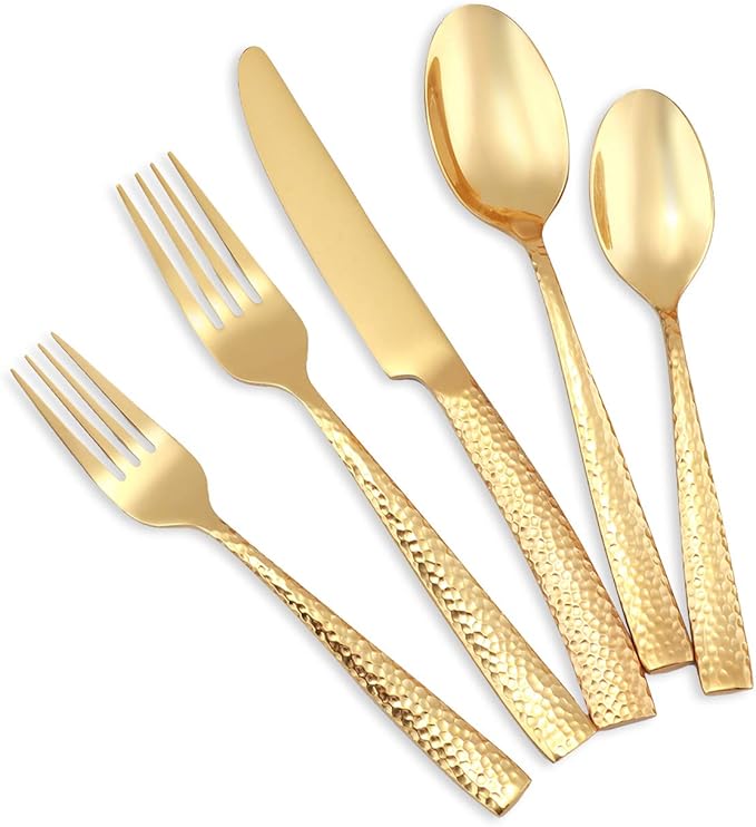 Silverware Set Flatware Set Gold Hammered Handle Cutlery Set Stainless Steel Shiny Mirror Polished Brass 20 Pieces Dishwasher Safe Service for 4