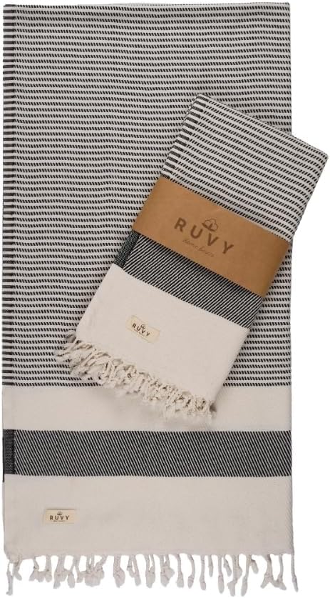 Ruvy Home Basics 2 Pack Turkish Beach Towels – Oversized Quick-Dry Bath Towels (40 x 72 Inches) – 100% Cotton Large Towels for Pool, Yoga, Travel, Camping Essentials, and Bathroom Decor - Black