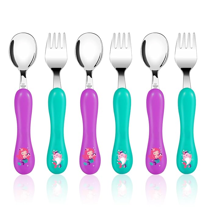 Lehoo Castle 6 Pieces Toddler Utensils, Kids Silverware for 2 3 4 Years Old, Stainless Steel Fork and Spoon Set with Plastic Handle, Safe Toddler Cutlery (Mermaid)