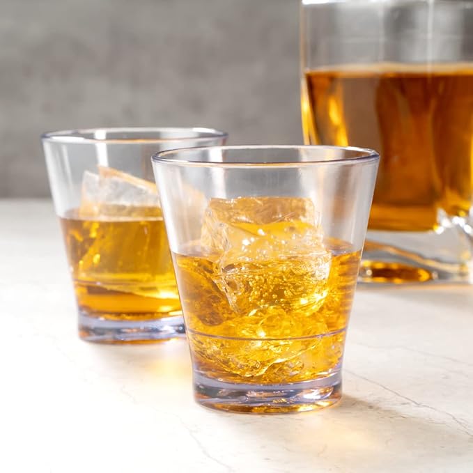 Bev Tek 9 Ounce Plastic Drinking Glasses, 12 Reusable Plastic Cocktail Cups - Shatterproof, Clear Plastic Old Fashioned Glasses, Dishwashable, Stackable - Restaurantware