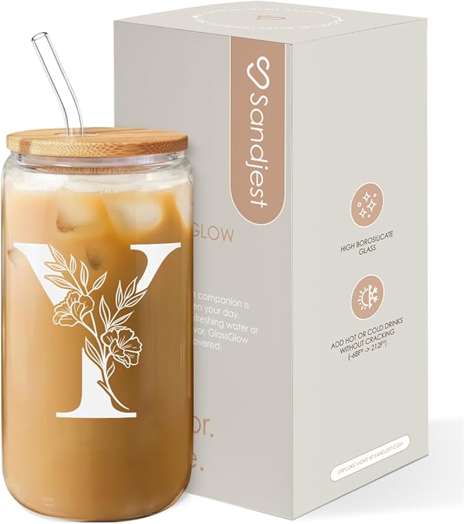 SANDJEST Monogrammed Gifts for Women - Monogram Y Initial Glass Cup 16 Oz Can Coffee Cups with Lid and Straw - Monogram Initials Gifts for Womens on Birthday