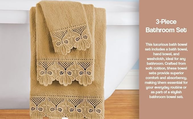 3 Piece Laced Bath Towels Set for Bathroom, Bath, Hand & Wash Cloths, Decorative Stylish Plush Cotton Washcloths - Showering, Face & Body Washing, Airbnb Essentials & Host Accessories, Gold