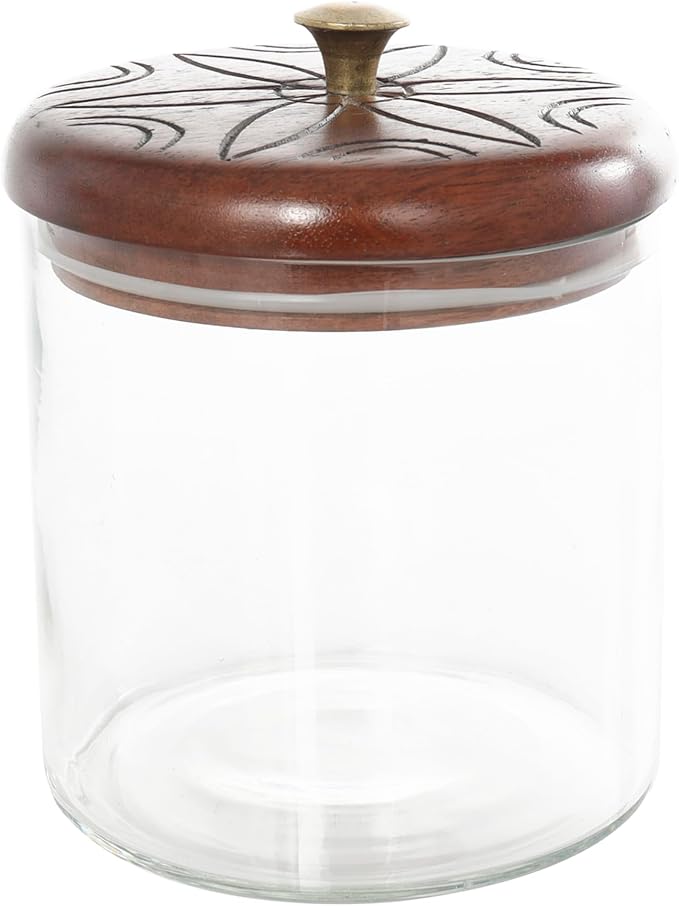 Deco 79 Glass Floral Living Room Decorative Jars Carved Decorative Container with Brown Wooden Lids and Gold Knobs, Set of 2 Jar with Lid 9", 6"H, Clear