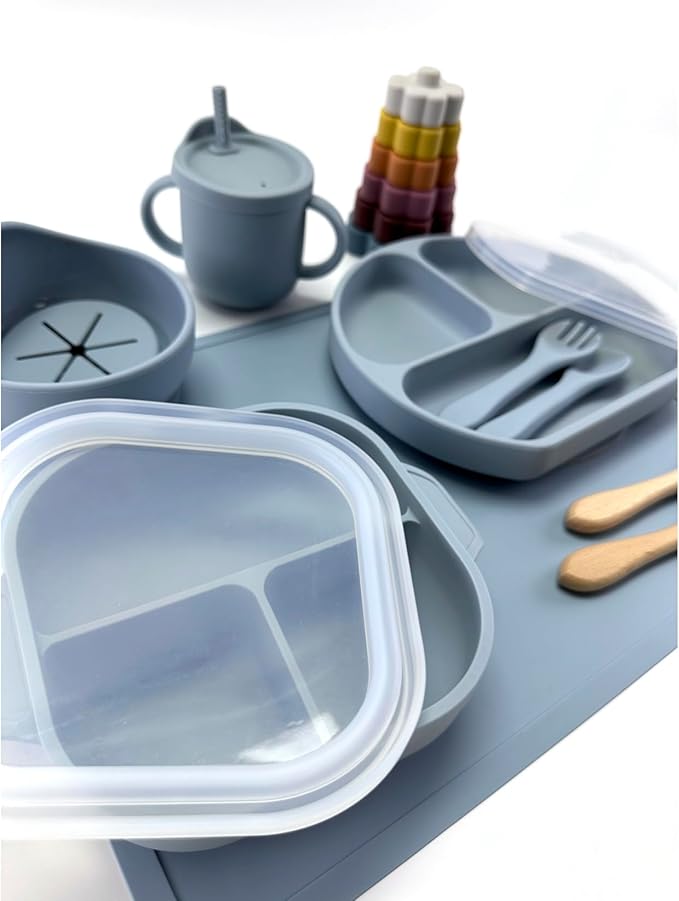 No-Mess Baby Feeding Set — Strong Suction Bowls + Soft Spoons (8-Piece) (Blue)