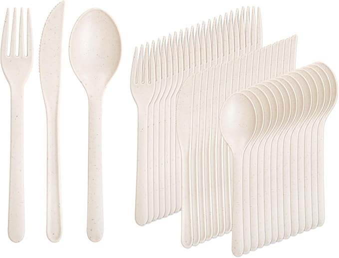 Supernal 180pcs Heavy Duty, Reusable Wheat Straw Silverware - 180pcs Plastic Forks and Spoons, Dishwasher Safe, Beige Color for Party, Birthday, Wedding