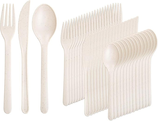 Supernal 180pcs Heavy Duty, Reusable Wheat Straw Silverware - 180pcs Plastic Forks and Spoons, Dishwasher Safe, Beige Color for Party, Birthday, Wedding