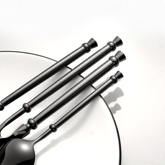Black Silverware Set for 4 Unique 18/10 Stainless Steel 16 Piece Flatware Sets Mirror Polished Elegant Cutlery Utensils Set for Home Kitchen Dishwasher Safe Nice Weight