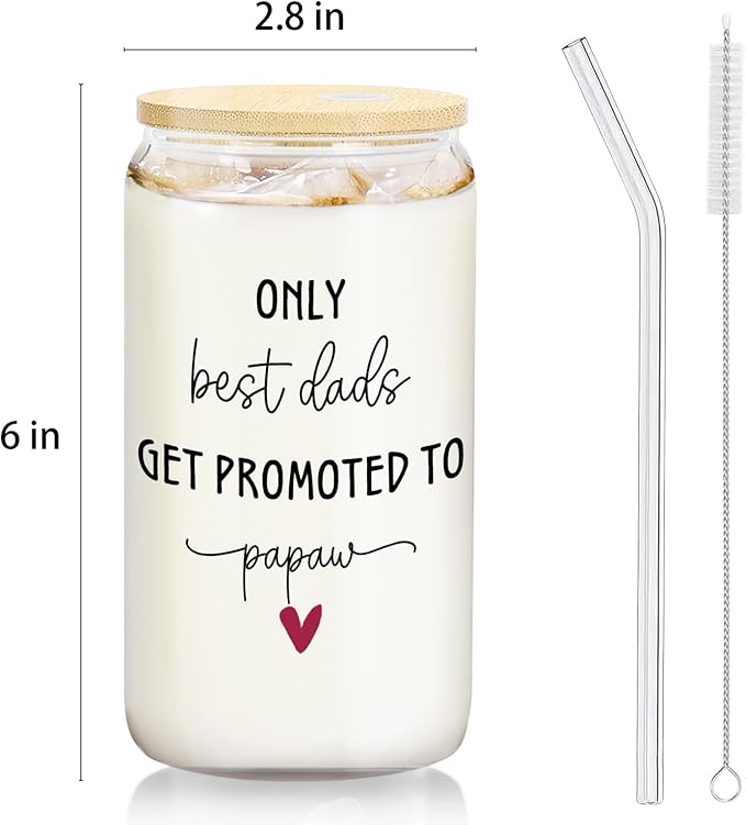 Get Promoted to Papaw Grandpa Glass Cup with Lids and Straws 14oz, Grandpa to Be Gifts, Pregnancy Announcement for Papaw Glass Coffee Tumbler Drinking Jars with Cleaning Brush