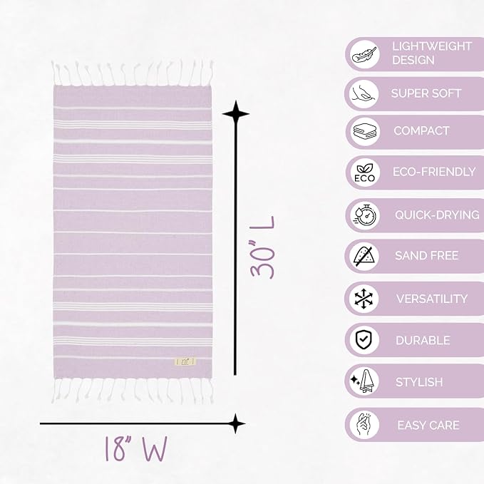 Hand Towels - Set of 2, 18" x 30" inches, Decorative Peshtemal Cotton Hand Towels for Kitchen, Bath, Guest, Face, Hair, Gym, Yoga, Dishcloth, Travel (Light Lilac)