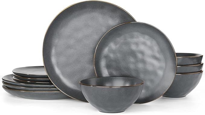 Famiware Dinnerware Sets for 4, Ocean Round 12-Piece Kitchen Plates and Bowls Sets, Microwave and Dishwasher Safe, Scratch Resistant, Matte Black