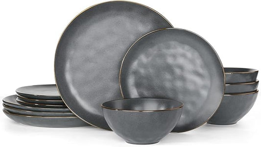 Famiware Dinnerware Sets for 4, Ocean Round 12-Piece Kitchen Plates and Bowls Sets, Microwave and Dishwasher Safe, Scratch Resistant, Matte Black
