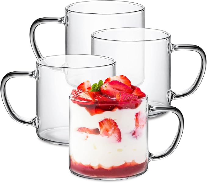 14 oz Glass Coffee Mugs Set of 4 Large Glass Coffee Cups with Anti Scald Handles,Lightweight Durable Clear Mugs for American Cappuccino Latte Tea Milk Espresso Juice Hot and Cold Beverages