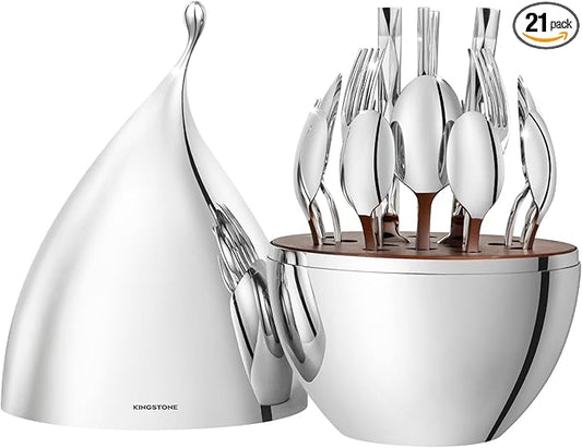 KINGSTONE Silverware Set with Waterdrop Storage Organizer, Luxury 20 Piece Flatware Set for 4, 18/10 Stainless Steel Cutlery Set with Diamond Cut Pattern Ideal for Kitchen,Party and Gift