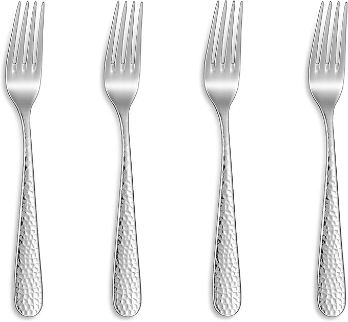KEAWELL Premium 4-Piece Louise Hammered Fork Set, 18/10 Stainless Steel, Fine Fork Set with Round Edge, Brightly-Mirror polished, Dishwasher Safe. (4, 7.28" Salad Forks)