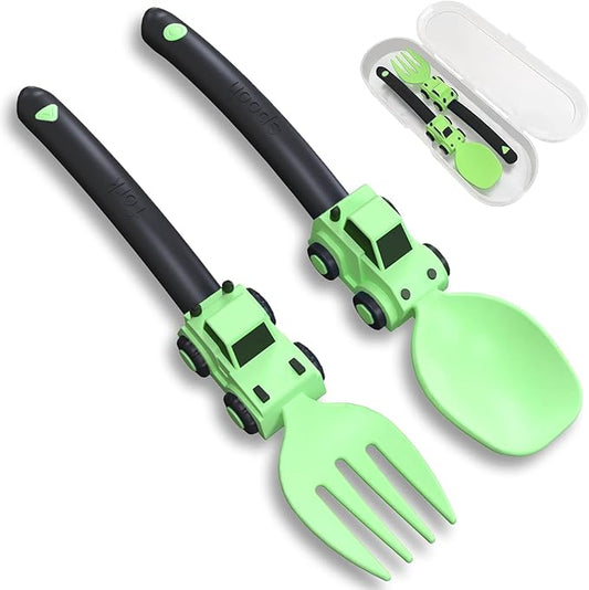 Construction Toddler Utensils - Toddler Forks and Spoons - Kids Construction Truck Utensils - Forks and Spoons Silverware Set - Christmas Birthday Gift for 1 2 3 4 5 year old, Green