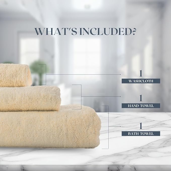 Egyptian Cotton Towel Set - 3 Piece | Ultra Soft 100% 600 GSM Towels | 1 Bath, 1 Hand, 1 Washcloth | Quick Dry, Durable for Bathroom, Home, Spa, Gym | Premium Towel Set (Off White)