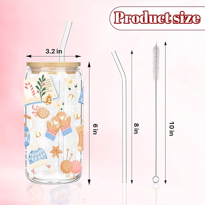 Cozy Christmas Iced Coffee Cup, 16 oz Coffee Glass Cup with Lid Straw, Cute Christmas Gifts for Women Teen Girls Sister