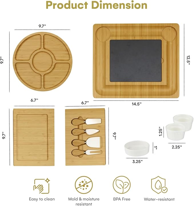 Charcuterie Board Gift Set, Expandable Bamboo Cheese Board with Stainless Steel Serving Utensils, Ceramic Bowls, Appetizer and Serving Trays, Utensil Trays - Housewarming 2 Drawers